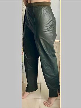 Christian Dior Olive Green Genuine Leather Straight-Leg Pants